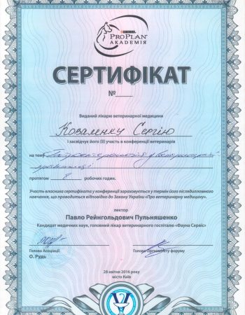 Сертифікат Коваленко С.О. 28 квітня 2016 року